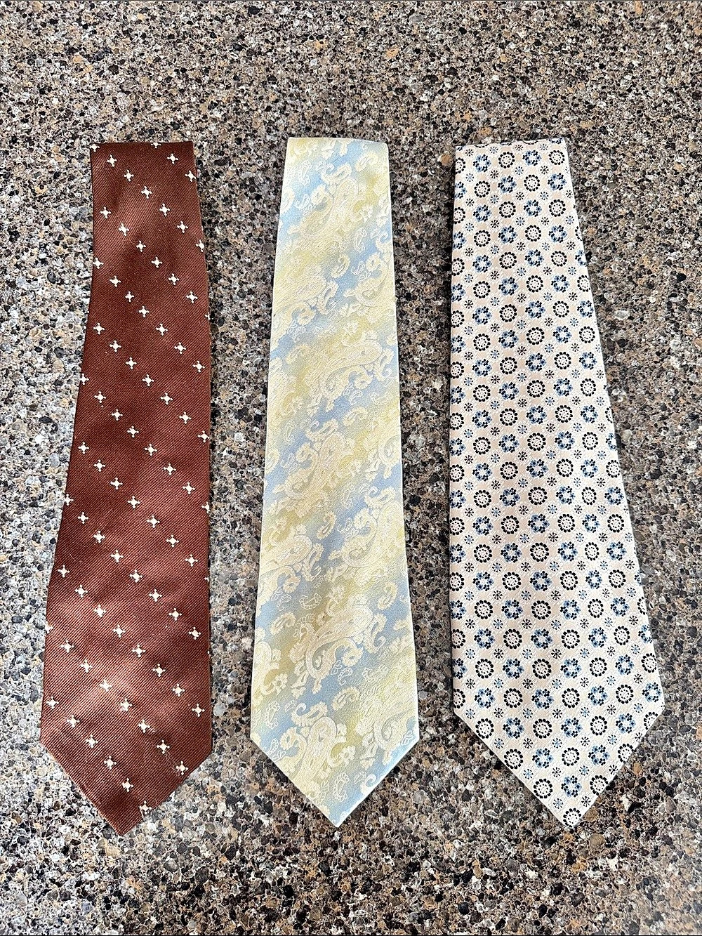 Men's 3 piece Vintage Necktie Set in Tans, Browns, Pale Yellow & Blue